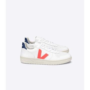 Veja V-10 LEATHER Joggesko Dame White/Orange/Blue | NO 646JPQ